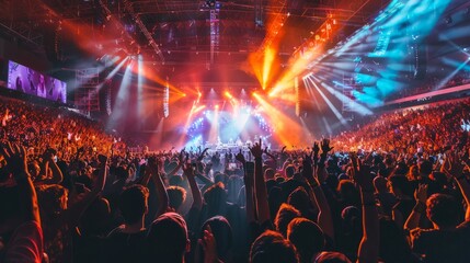A wide-angle shot of a packed indoor arena during a live music festival, showing a large crowd of...