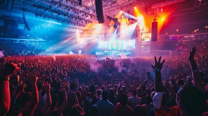 Vibrant scene of a packed indoor arena during a live music festival with a large crowd of people enjoying the performance