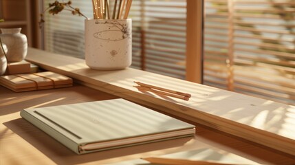 A wooden table is set with a book and a vase of flowers, creating a modern workspace