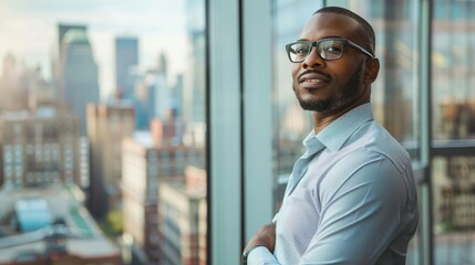 A man with glasses standing in front of a window, looking at the city skyline while engaged in urban planning