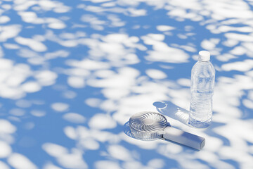 木陰に置かれたペットボトルとポータブルファン / 水分補給・熱中症対策のコンセプトイメージ / 3Dレンダリング