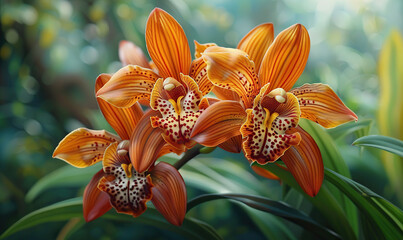 Vibrant Orange Orchids in Lush Garden. Generate AI