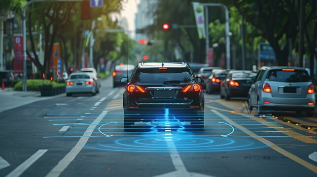 Autonomous cars sensor systems for safety of driverless cars. Future adaptive cruise control that senses nearby vehicles and pedestrians. Smart transportation technology. copy space.