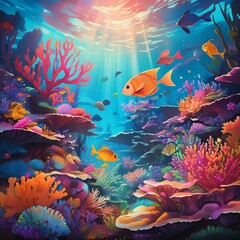  a whimsical underwater scene with colorful coral reefs and exotic fish."