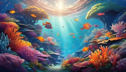 Fototapeta na wymiar a whimsical underwater scene with colorful coral reefs and exotic fish.