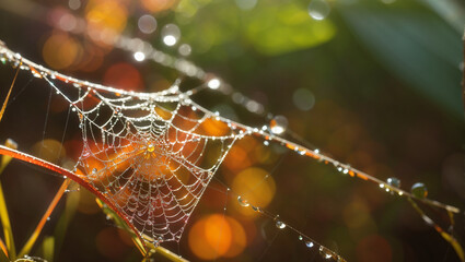 A close up of a leaf covered in morning dew.

