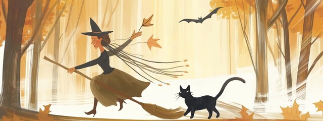 Artistic rendering of a witch and her cat strolling through a golden forest with leaves swirling.