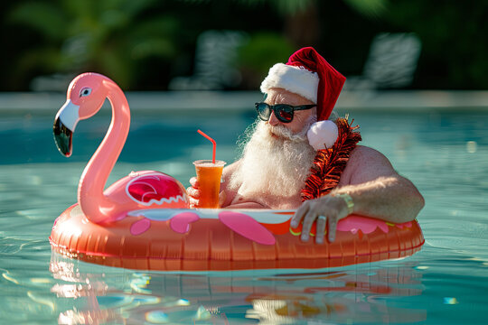 Father Christmas enjoying a tropical getaway, complete with flamingo pool float, shades, and a refreshing beverage