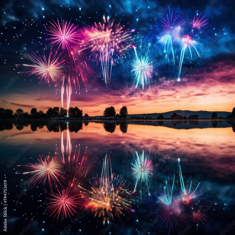 Poster A fireworks display reflected in the calm waters of a lake, creating a mesmerizing mirror image of the vibrant colors,
