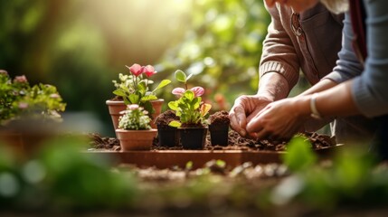 A close-up photo of a senior couple gardening together, their hands working in unison