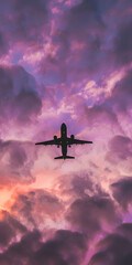 Avião voando durante um pôr do sol colorido