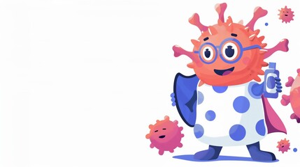 Cartoon virus character with shield and sanitizer promoting health safety.