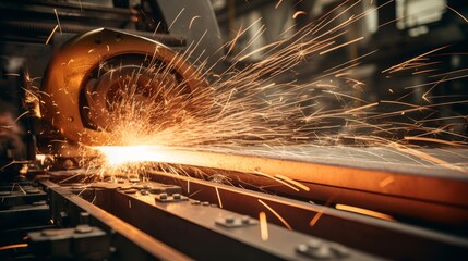 A close-up photo of a wind turbine blade being manufactured in a factory, with sparks flying from the welding torch.