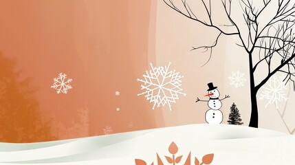 Whimsical winter scene with a snowman and falling snowflakes, cheerful holiday theme.