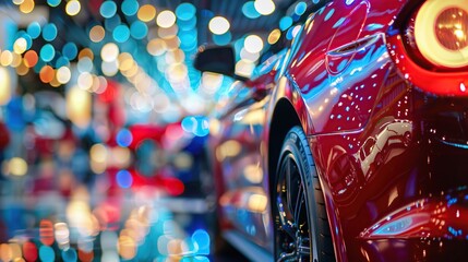 New cars display in luxury showroom with light bokeh in motor show event. Blurred Background of Luxury Cars in Showroom with Bokeh Lights. copy space for text.