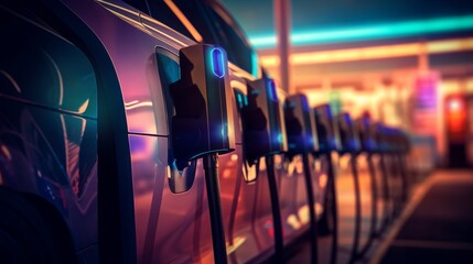 fleet of electric cars charging at a large charging station, with the charging cables creating a colorful pattern and the cars' charging status displayed on a digital display board.