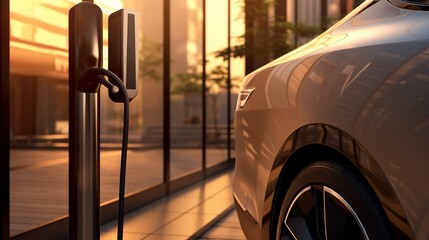 A close-up photorealistic image of a hand plugging a charging cable into an electric car, with the cable's connector glowing green and the car's charging status indicator light turning on.