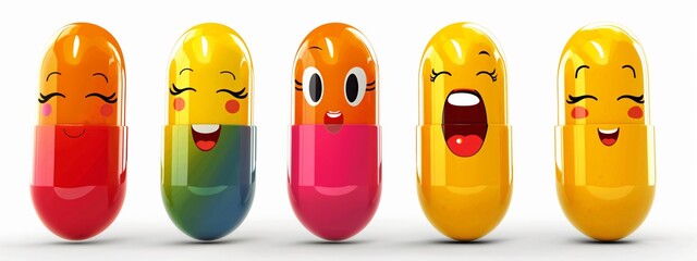 Colorful pill capsules with smiling faces lined up, representing health and happiness.
