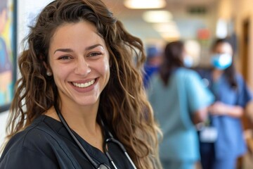 Language Bridge: Portrait of a Smiling Female Interpreter/Translator in a Hospital Setting