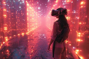 A dynamic illustration of a virtual reality social platform, where users explore and interact within a fully immersive digital world