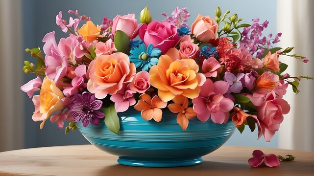 A vibrant bouquet in full bloom that exudes natural freshness, fascinating light, and rich hues. Vase-filled arrangement of vibrant roses on a wooden table.  bunch of flowers, Vibrant and Multicolored