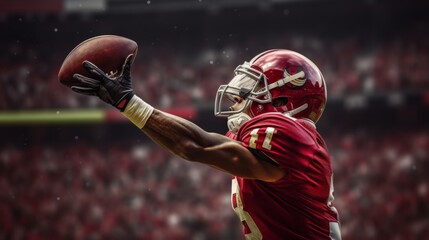 A close-up shot of an American football player making a touchdown catch in the end zone, with the crowd's hands reaching out in celebration,