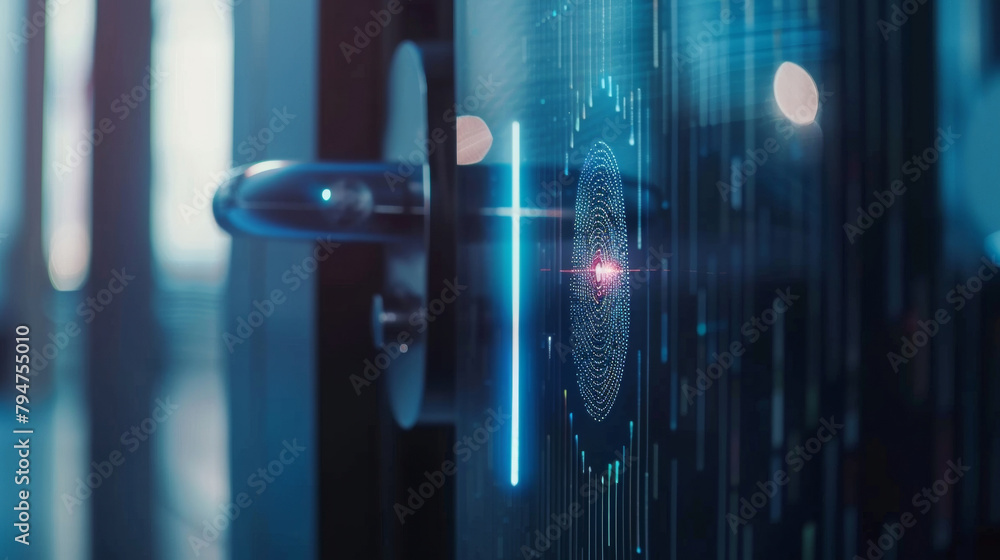 Poster closeup of a fingerprint scanner on a sleek modern security gate utilizing advanced privacy material