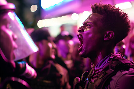 Intense face-off between a protestor and police at night.
