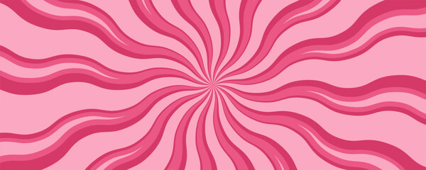 Spiral pink candy background with swirl pattern. Strawberry cream cartoon wallpaper. Sweets marshmallow and lollipop abstract twist backdrop. Vector sunburst psychedelic groovy stripes.