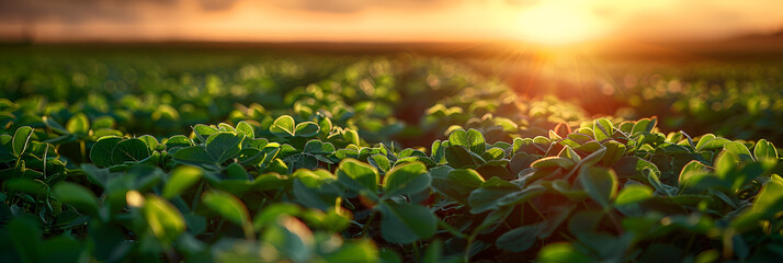Rural landscape banner - pea field in the rays o,
An acre of sprout entering early stages of farming
 - obrazy, fototapety, plakaty
