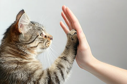 Feline companion giving a high five gesture, isolated on plain white