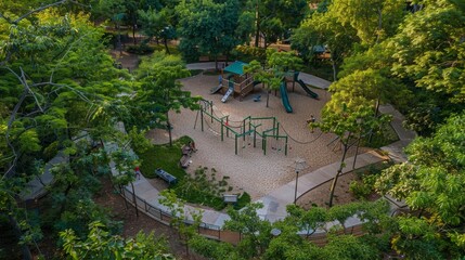 A drones perspective captures a playground bustling with children and families in a city park setting