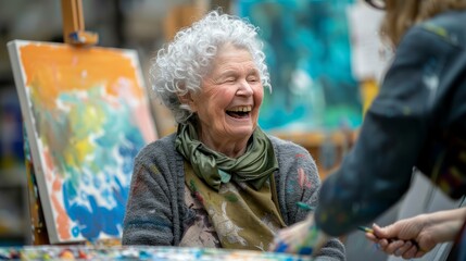 Elderly woman joyfully laughing while receiving guidance from instructor at a painting masterclass