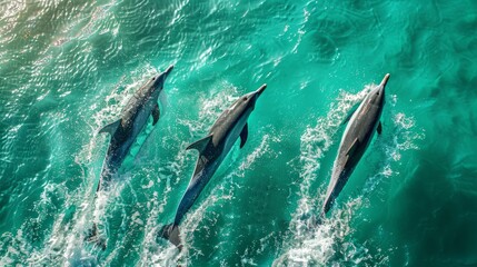 Three dolphins swim and play in vibrant turquoise ocean waves, showcasing their grace and agility
