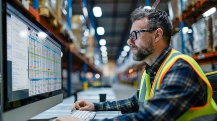 A logistics manager concentrates on a computer screen in a warehouse, inspecting inventory levels and MHGT data - obrazy, fototapety, plakaty