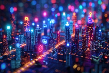 Futuristic 3D holograms of social media icons over a smart city skyline, representing the integration of social networking in urban life