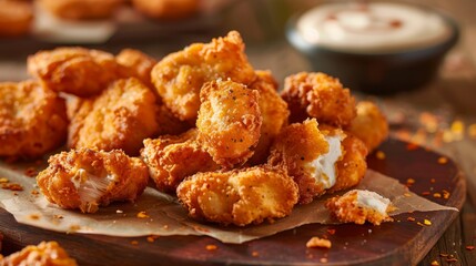 A closeup of a pile of golden-brown fried food on a wooden cutting board, showcasing the texture and detail of savory chicken nuggets with a side of spicy dip