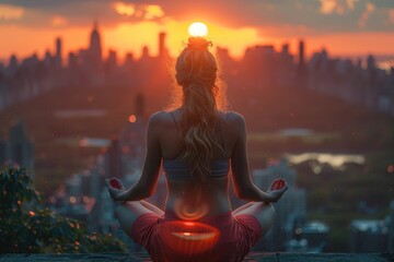 Influencer enjoying a serene morning, practicing yoga on a rooftop overlooking a bustling city skyline at sunrise