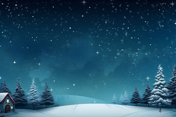 Enchanting night-time Christmas illustration with snow-covered trees, mountains, and a starry sky. Generative AI