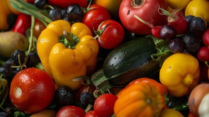 A vibrant mix of fruits and vegetables piled together in the produce section