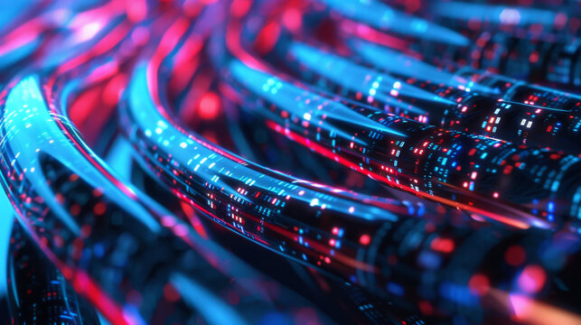 Data cables transferring at high speed abstract concept with blue and red tones