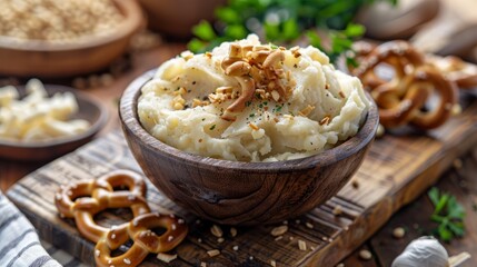 A wooden bowl filled with creamy mashed potatoes and crunchy pretzels on a cutting board
