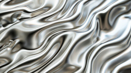Shiny silver silk fabric with a wavy, metallic texture and undulating appea
