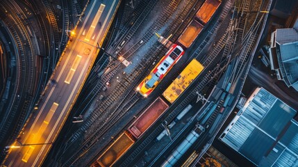 An elevated view of a train station at night with a freight train in motion amidst bustling activity - obrazy, fototapety, plakaty