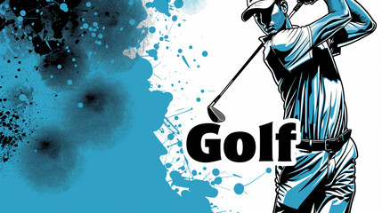 A dynamic golf-themed graphic with a swinging golfer and vibrant blue ink splatter, conveying motion and energy perfect for sport-related content