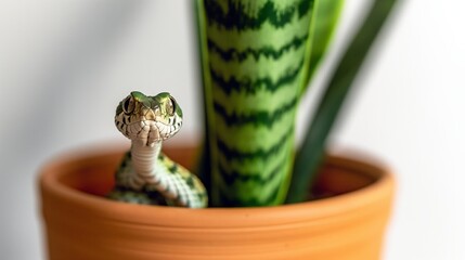 Figurine of a dinosaur emerging from a terracotta pot with a sansevieria plant.