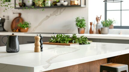 Fototapeta na wymiar A contemporary kitchen with a quartz countertop adorned with stylish kitchen gadgets and potted herbs, creating a fresh and inviting atmosphere
