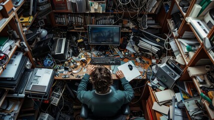 A man sitting amidst cluttered desk, surrounded by computer equipment, and forensic tools