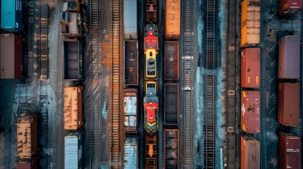 Aerial view of a bustling train yard at night, with freight trains moving through tracks and workers coordinating operations