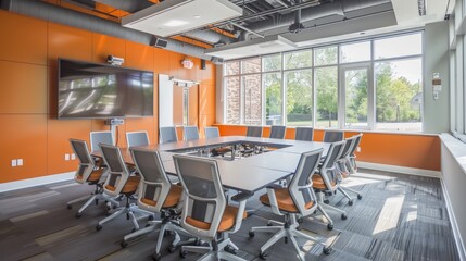 A commercial photograph showcasing a state-of-the-art conference room with a large table and chairs neatly arranged - obrazy, fototapety, plakaty